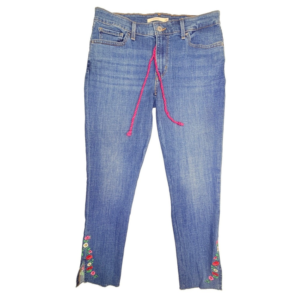 Levi's 711 Skinny Jeans Women's 29 Blue Floral Embroidered Raw Hem Waterless